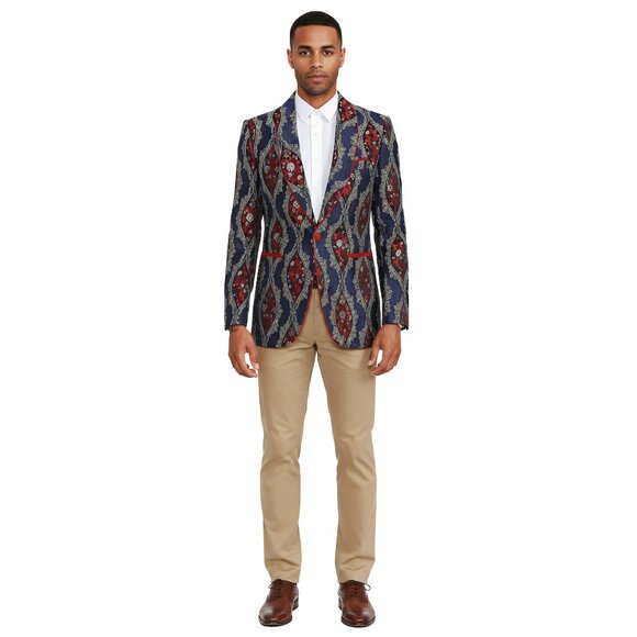 Empire™ Navy & Red Baroque Notch Lapel Hybrid Fit Blazer, Navy & Red - Picture 5 of 5